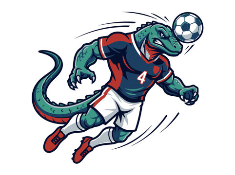 A green alligator wearing a soccer jersey kicks a ball with motion lines, playing sports outdoors in action.