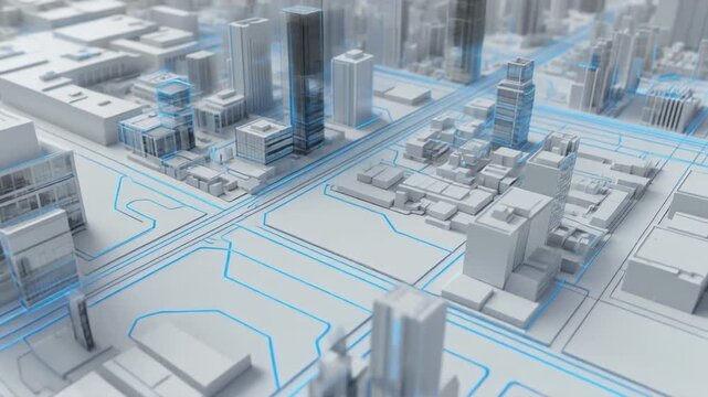 透明な3D都市モデルで構成された未来のスマートシティレイアウト 白背景