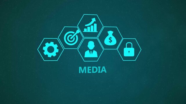 Media Technology Infographic Animation with Digital Communication Icons and Enterprise Content Network on Dark Background 4k visuals