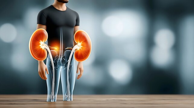 Kidney stone awareness concept, realistic lower back pain visualization with glowing kidneys, subject on left side, negative space on right for healthcare advertising