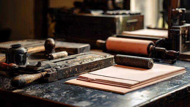 Antique Letterpress Printmaking Workspace with Vintage Printing Tools and Blank Paper