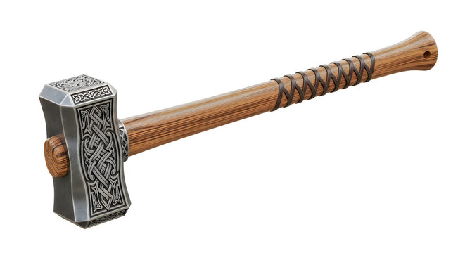 Decorative viking hammer with colorful wooden handle isolated on white background