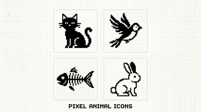 A collection of simple black and white pixel art animal icons