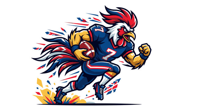 A dynamic illustration of a muscular rooster playmaker shooting forward explosively in action on a field.
