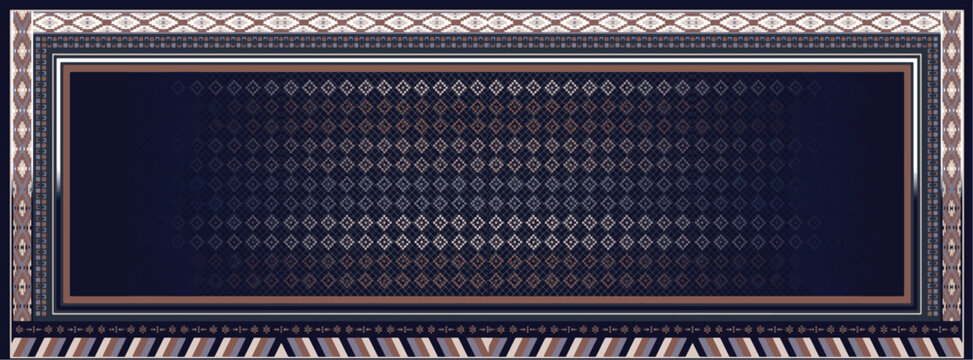 Luxury geometric silk scarf design with ethnic tribal patterns and aztec border. Elegant navy blue textile shawl print.