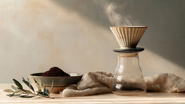 Ceramic Pour Over Coffee Brewer with Fresh Grounds and Minimal Morning Setup
