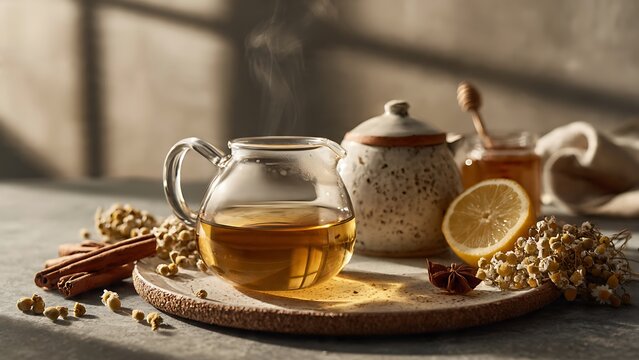 Herbal Chamomile Tea Infusion with Lemon Honey and Cinnamon in Ceramic Serving Set