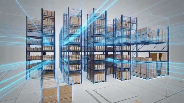 大規模な自動化倉庫の高層収納ラックを周回する滑らかな映像