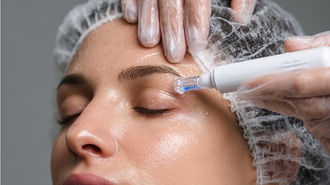Close-up of woman receiving hydrating serum facial treatment with professional cosmetic device