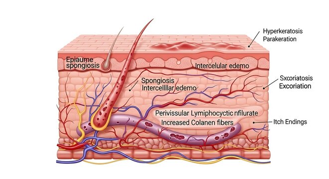 Detailed Diagram of Skin Layers and Conditions.