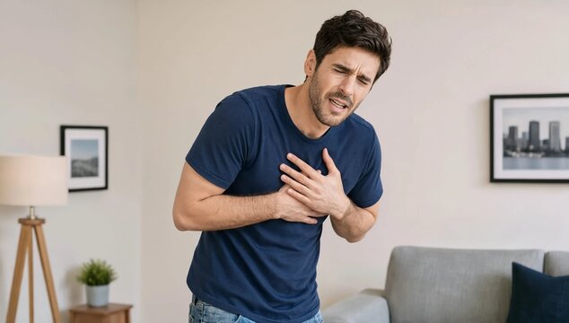 Young man suffering from sudden chest pain or heart attack holding his chest in living room