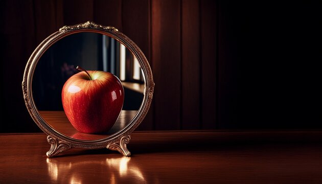 an apple in a mirror on a table with dramatic lighting evoking themes of reflection
