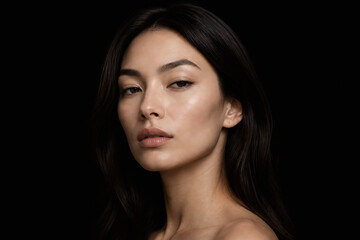 Fototapeta premium A young woman with long dark hair is posing against a black background.