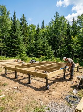 Man builder using level tool on wooden frame of deck construction. Construction worker installing helical pile foundation for cabin project in forest. Building site development concept.
