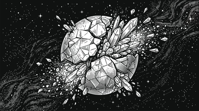 Cracked Soccer Ball Exploding Stone Particles Vector Illustration.