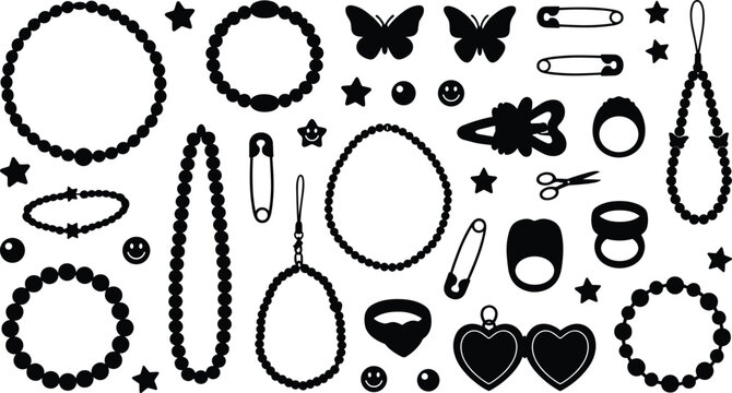 Beaded jewelry silhouette vector set featuring bracelets necklaces rings hair clips butterfly charms fashion accessories elements collection,