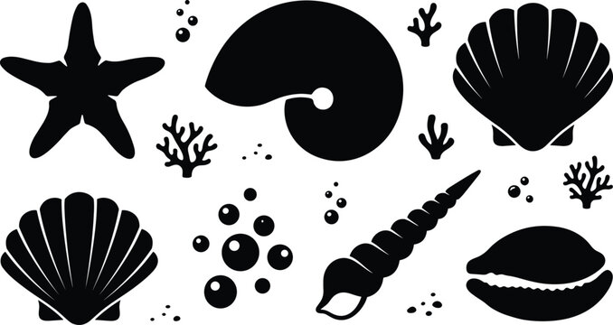 Seashell silhouette vector set featuring starfish nautilus scallop conch shell bubbles and marine coral reef design elements,
