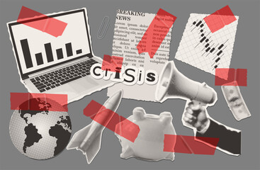 Economic crisis collage with transparent red tape vector composition, isolated halftone business icons laptop graph piggy bank rocket megaphone and taped elements for finance news and recession