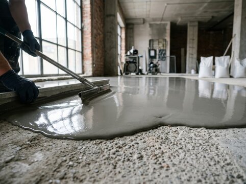 Construction worker leveling concrete floor with squeegee tool at building site. Professional flooring master applying self-leveling mortar screed. Renovation, repair, and house improvement.