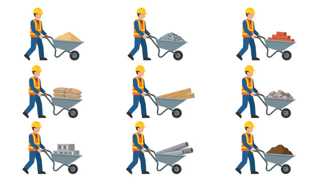 Set of construction workers in protective safety gear pushing wheelbarrows with various materials for building and renovation projects
