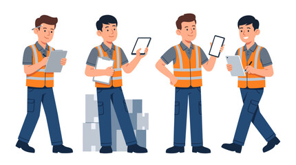 Obraz premium Set of construction workers and warehouse staff characters holding tablets and clipboards for professional logistics and engineering business project management presentations