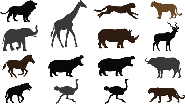 African safari animal silhouette vector set featuring lion giraffe elephant cheetah rhino hippo zebra wildlife nature elements,