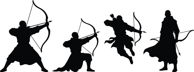 Archer silhouette vector set featuring medieval fantasy warriors shooting bows and arrows in dynamic combat action poses, © MdBarat