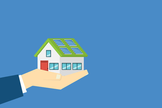 A flat vector illustration of an eco-friendly house featuring solar panels on its roof