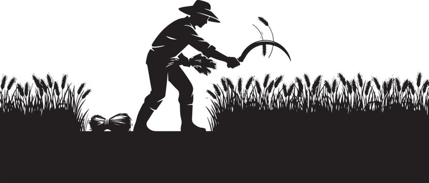 Silhouette of a farmer plowing a field with a tractor