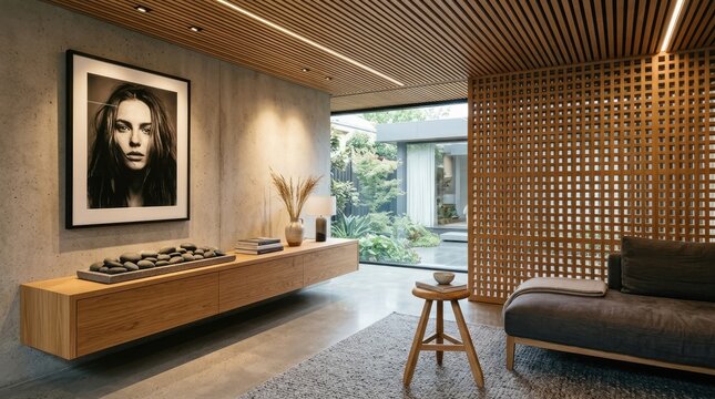 Minimalist modern living space with wood slat wall.