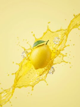 Fresh lemon with green leaf splashing in citrus juice and ice cube. Decorative fruit element for summer drink advertisement and healthy food design. Vibrant liquid dynamic motion.