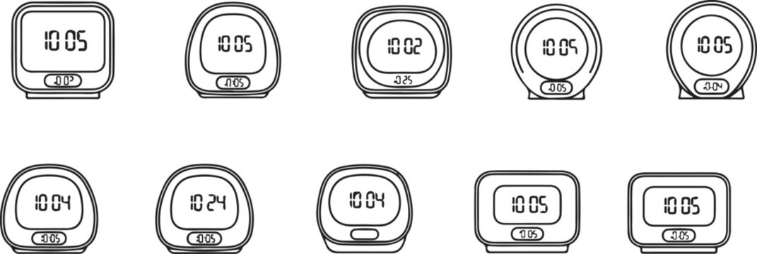 Minimalist digital alarm clocks set to different times in sketch style Vector