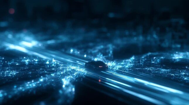 Smart mobility V2X network interface with autonomous car and glowing data nodes (AI Generated)