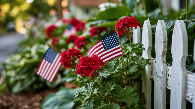 Small American flags among bright red geraniums and green hostas by a white picket fence warm daylight and crisp garden texture no people distant composition independence day