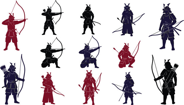 Samurai archer silhouette vector set featuring Japanese warrior with bow arrow armor helmet culture design elements,