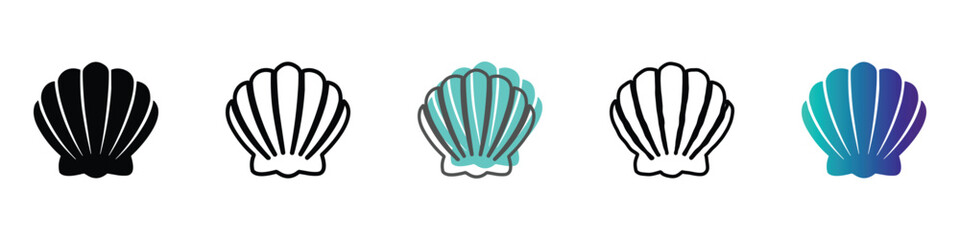 A set of five distinct seashell graphics showcasing various artistic styles from solid black to colorful gradients © Vova7