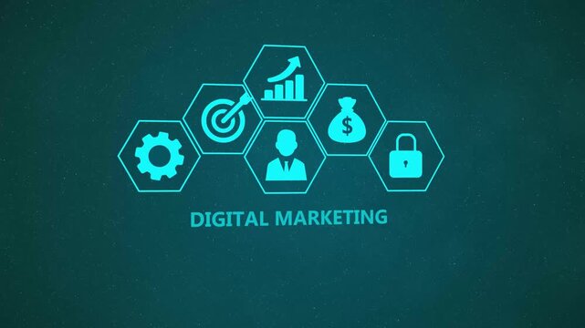 Digital Marketing Infographic Animation with Enterprise Promotion Icons and Business Growth Network on Dark Background 4k animation video