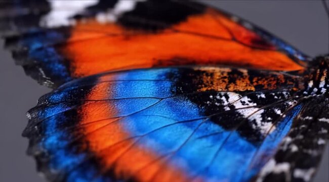 Butterfly wing orange blue macro insect texture nature close pattern close up view with orange and blue pattern showing delicate scale texture and black edge detail soft background for vivid wildlife