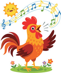 Vector cartoon rooster crowing in morning with cute sun and colorful musical notes for kids educational story book design © Sojol