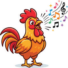 Vector cartoon rooster singing with colorful musical notes for kids nursery room decor educational story book sticker design © Sojol