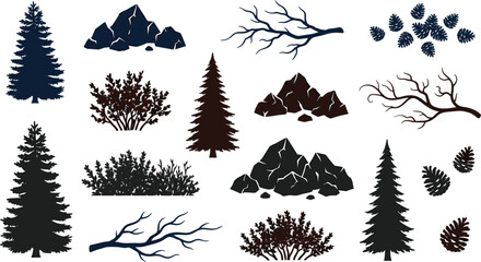 Forest nature element silhouette vector set with pine trees mountains rocks tree branches bushes and pinecones collection, © MdBarat