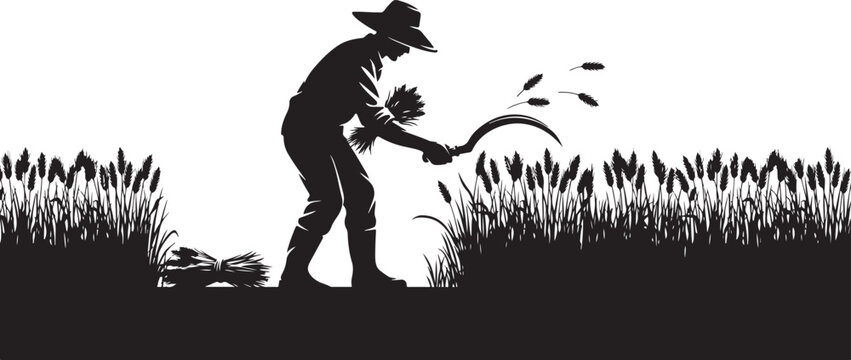 Silhouette of a farmer sowing seeds in a field grass 