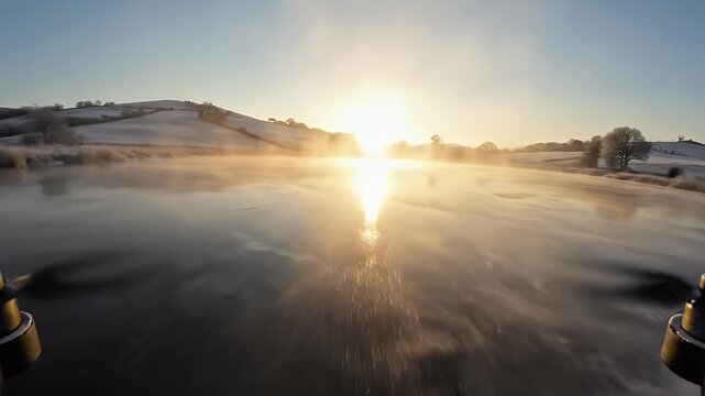Frosty morning over a misty lake and frosted grass.