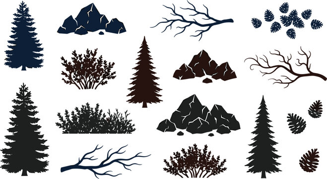 Forest nature element silhouette vector set with pine trees mountains rocks tree branches bushes and pinecones collection,