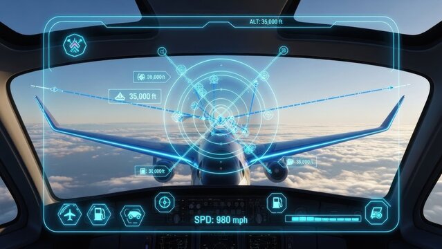 A futuristic airplane cockpit view with a digital overlay displaying flight information and navigation data on a windshield