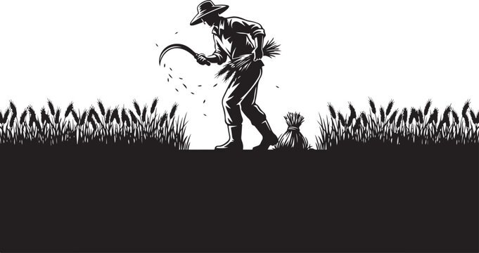 Silhouette of a farmer sowing seeds in a field grass