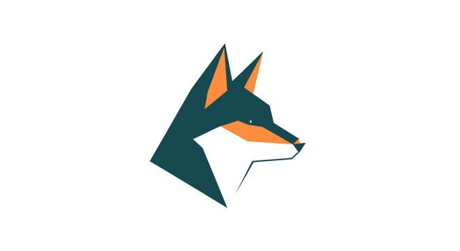 Geometric fox head logo illustration in shades of teal, orange, and white, on a white backdrop