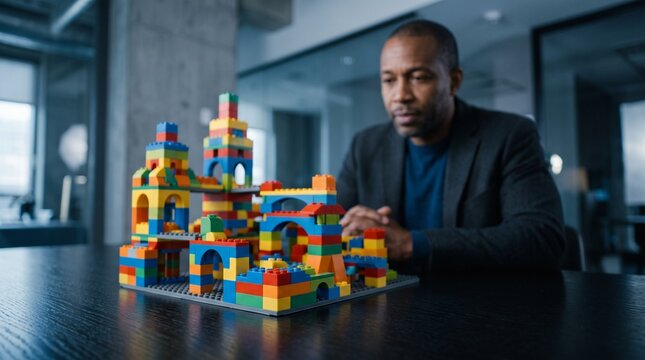 A man thoughtfully examines a colorful Lego castle model on a modern office table.