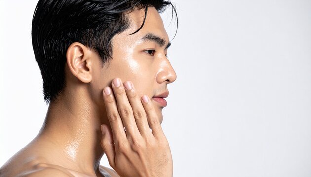 アジア系の若い男性, 横顔, 肌に触れている, ウェットヘア, 清潔感, 光沢のある肌, 白背景, クローズアップ, 美容広告風, 超リアル Asian young man, side profile, touching his cheek, wet hair, clean look, glowing skin, white background, close-up
