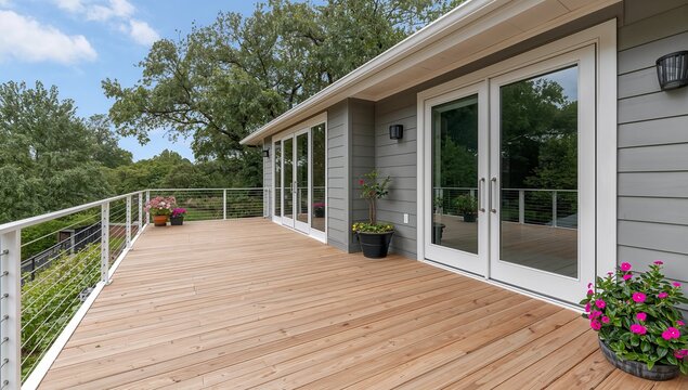 Modern wooden deck attached to a gray residential house exterior